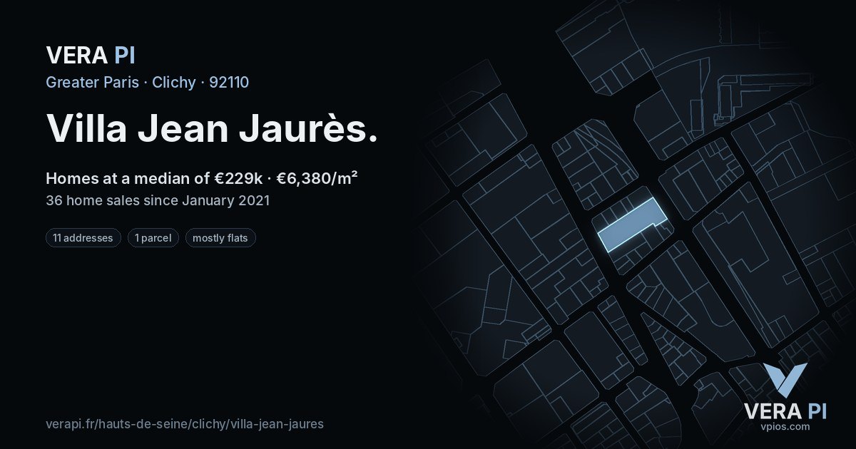 Villa Jean Jaurès, Clichy at night – every parcel coloured by the prices around it, the street's own parcels lit