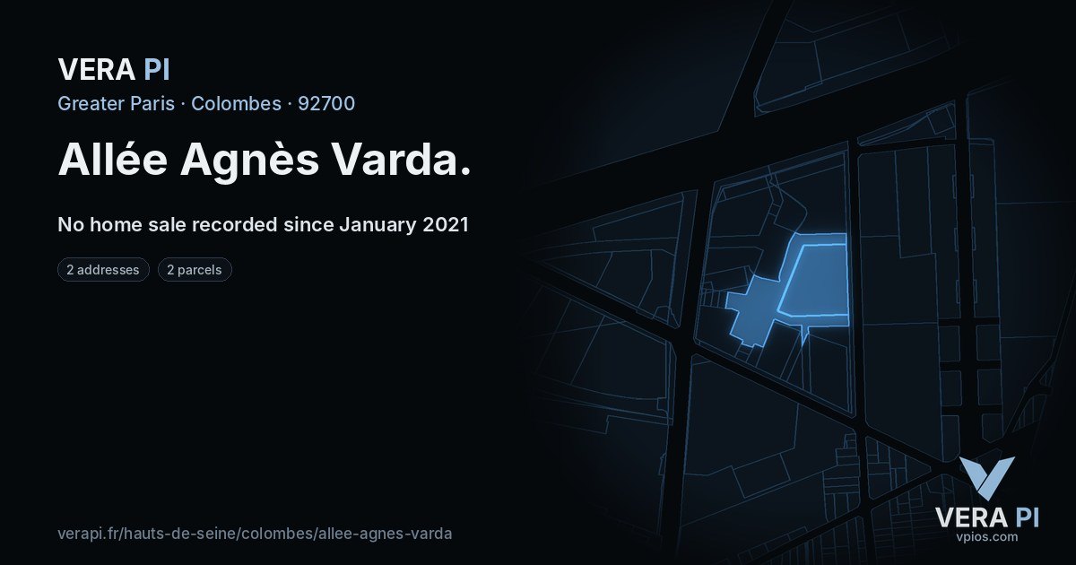 Allée Agnès Varda, Colombes at night – every parcel coloured by the prices around it, the street's own parcels lit