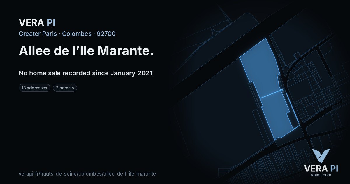 Allee de l’Ile Marante, Colombes at night – every parcel coloured by the prices around it, the street's own parcels lit