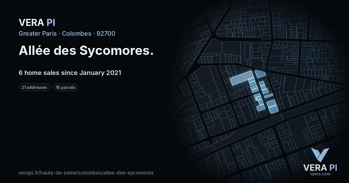 Allée des Sycomores, Colombes at night – every parcel coloured by the prices around it, the street's own parcels lit