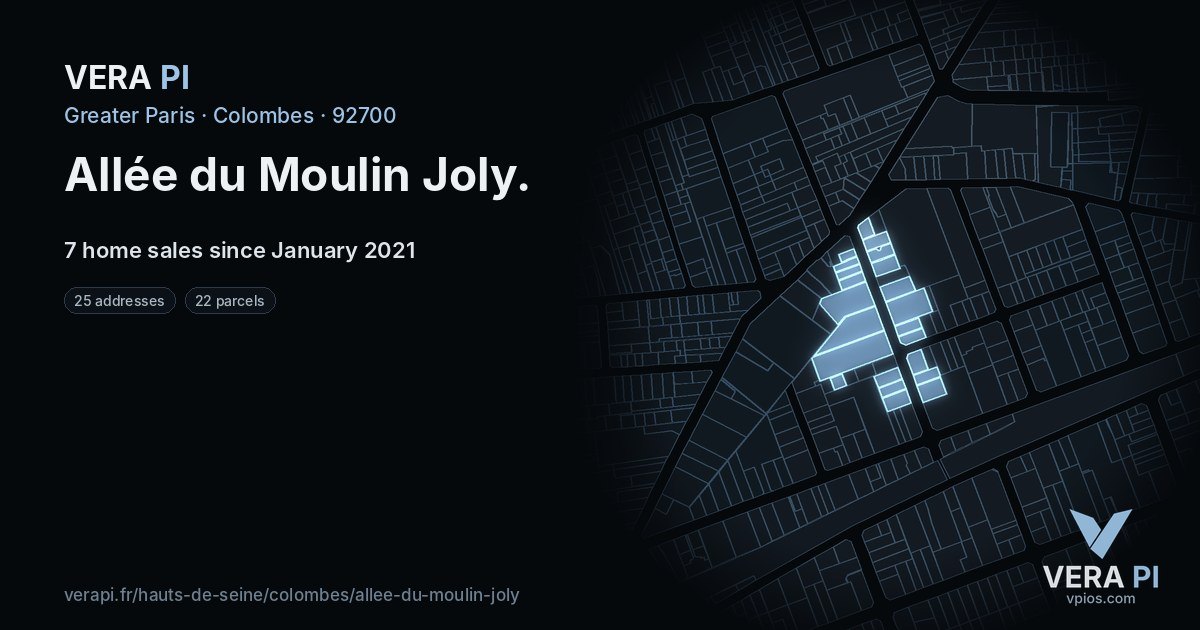 Allée du Moulin Joly, Colombes at night – every parcel coloured by the prices around it, the street's own parcels lit