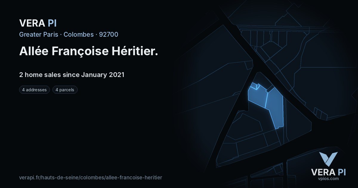 Allée Françoise Héritier, Colombes at night – every parcel coloured by the prices around it, the street's own parcels lit