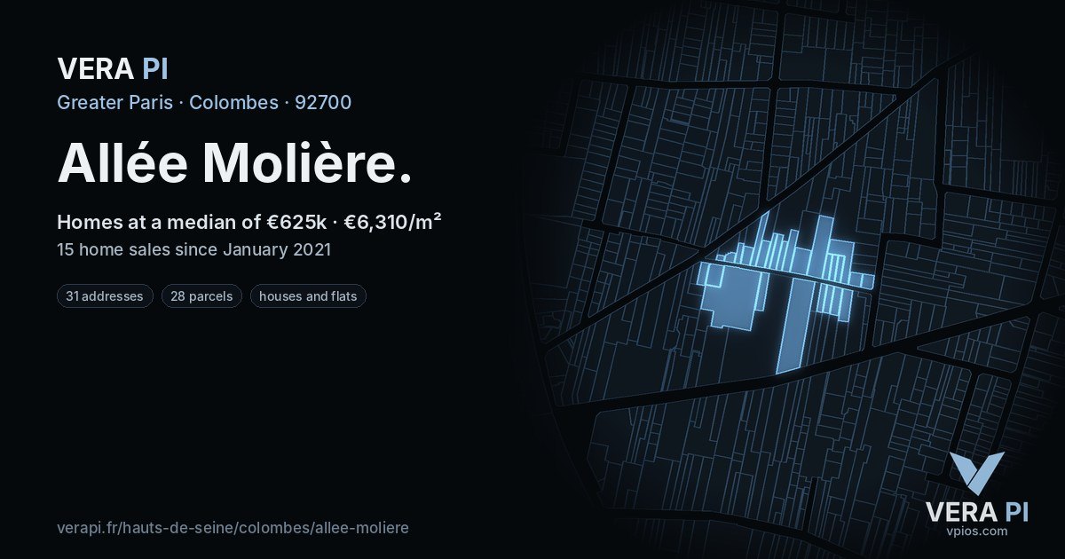 Allée Molière, Colombes at night – every parcel coloured by the prices around it, the street's own parcels lit