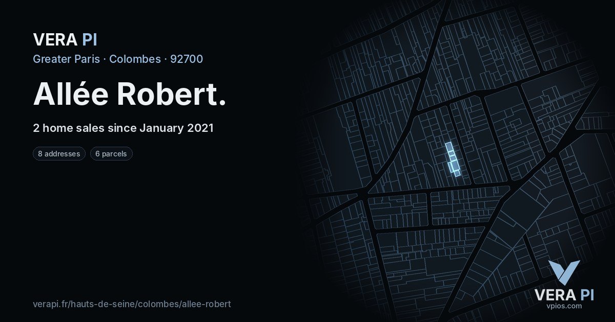 Allée Robert, Colombes at night – every parcel coloured by the prices around it, the street's own parcels lit