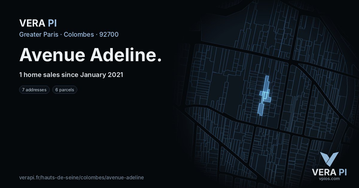 Avenue Adeline, Colombes at night – every parcel coloured by the prices around it, the street's own parcels lit