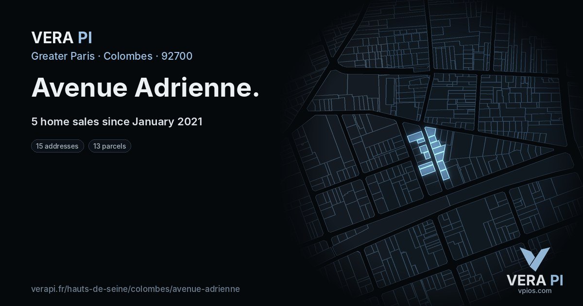 Avenue Adrienne, Colombes at night – every parcel coloured by the prices around it, the street's own parcels lit
