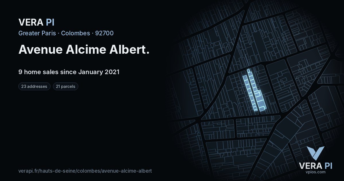 Avenue Alcime Albert, Colombes at night – every parcel coloured by the prices around it, the street's own parcels lit