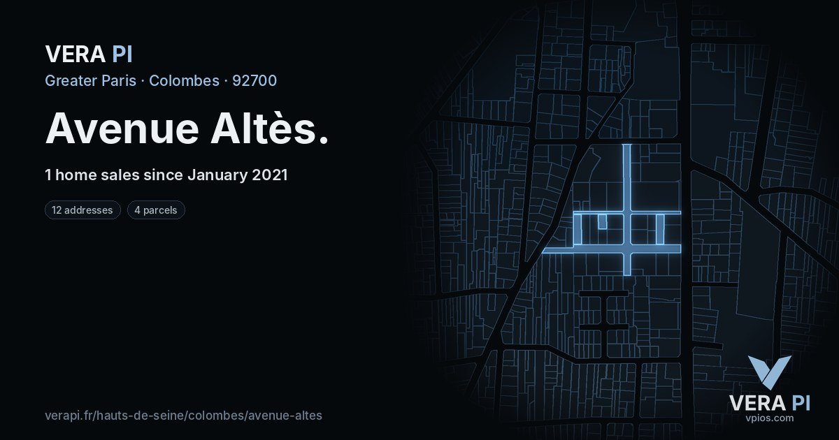 Avenue Altès, Colombes at night – every parcel coloured by the prices around it, the street's own parcels lit