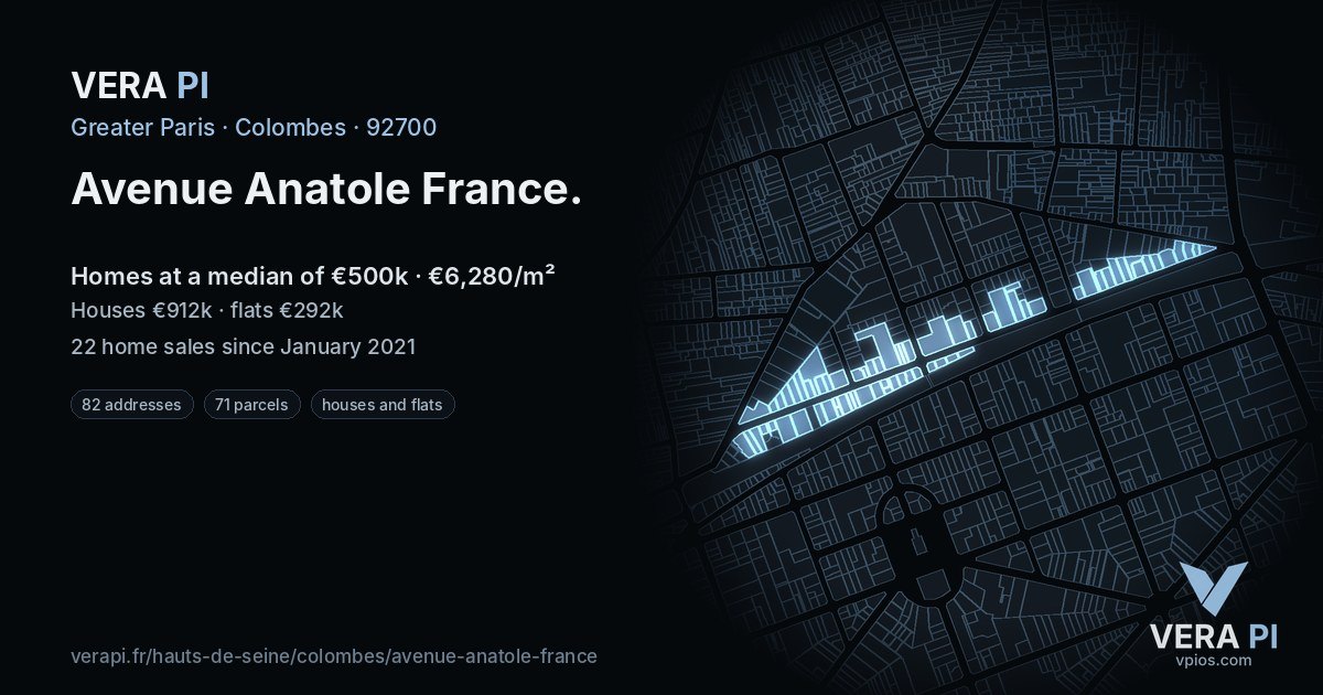 Avenue Anatole France, Colombes at night – every parcel coloured by the prices around it, the street's own parcels lit