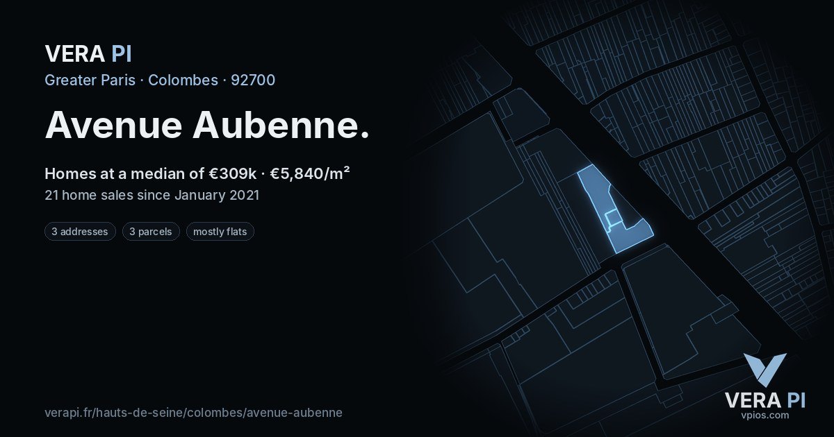 Avenue Aubenne, Colombes at night – every parcel coloured by the prices around it, the street's own parcels lit