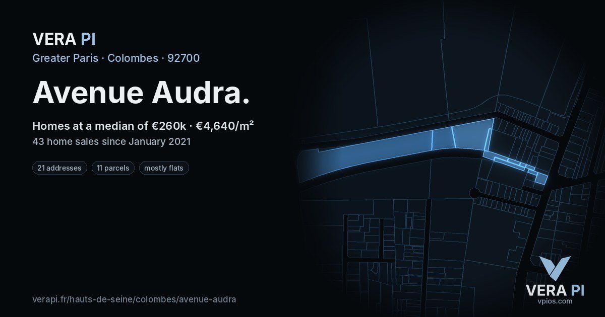 Avenue Audra, Colombes at night – every parcel coloured by the prices around it, the street's own parcels lit