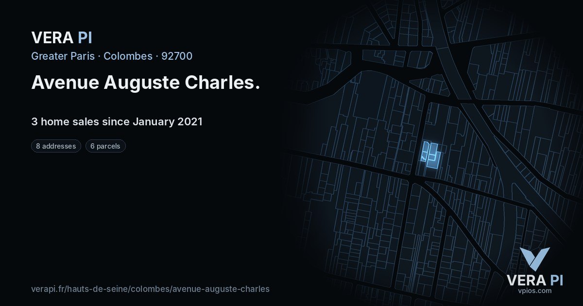 Avenue Auguste Charles, Colombes at night – every parcel coloured by the prices around it, the street's own parcels lit