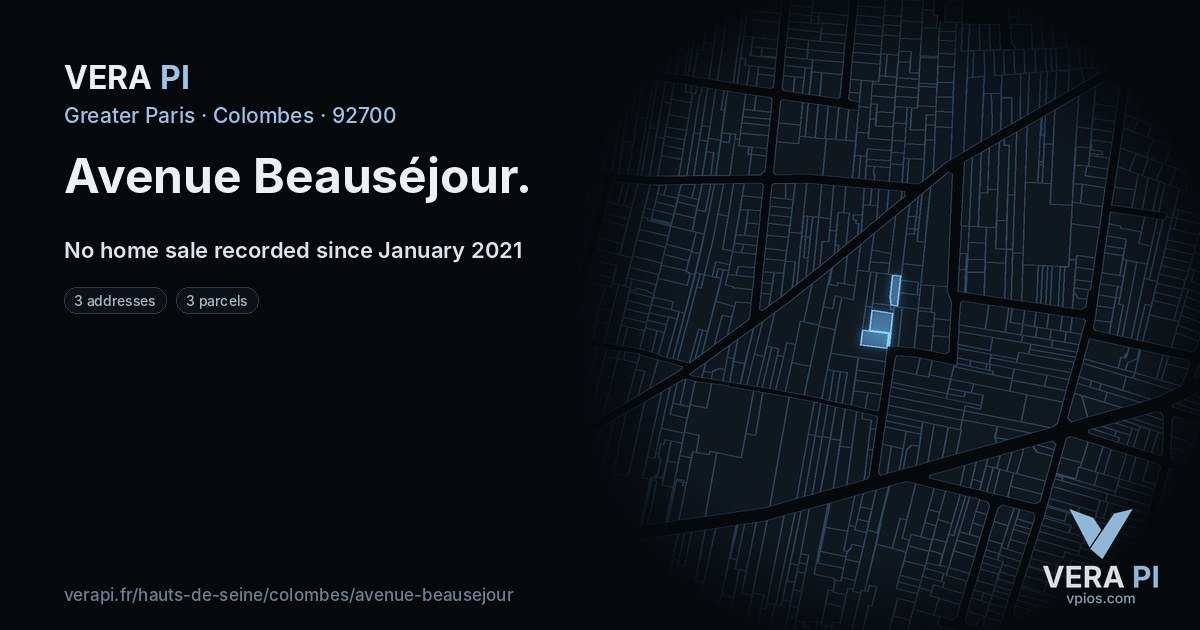Avenue Beauséjour, Colombes at night – every parcel coloured by the prices around it, the street's own parcels lit