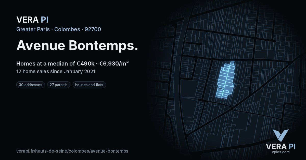Avenue Bontemps, Colombes at night – every parcel coloured by the prices around it, the street's own parcels lit