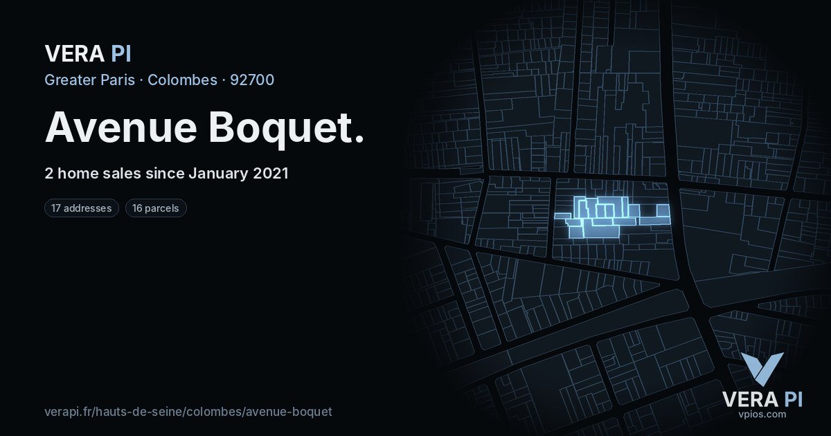 Avenue Boquet, Colombes at night – every parcel coloured by the prices around it, the street's own parcels lit