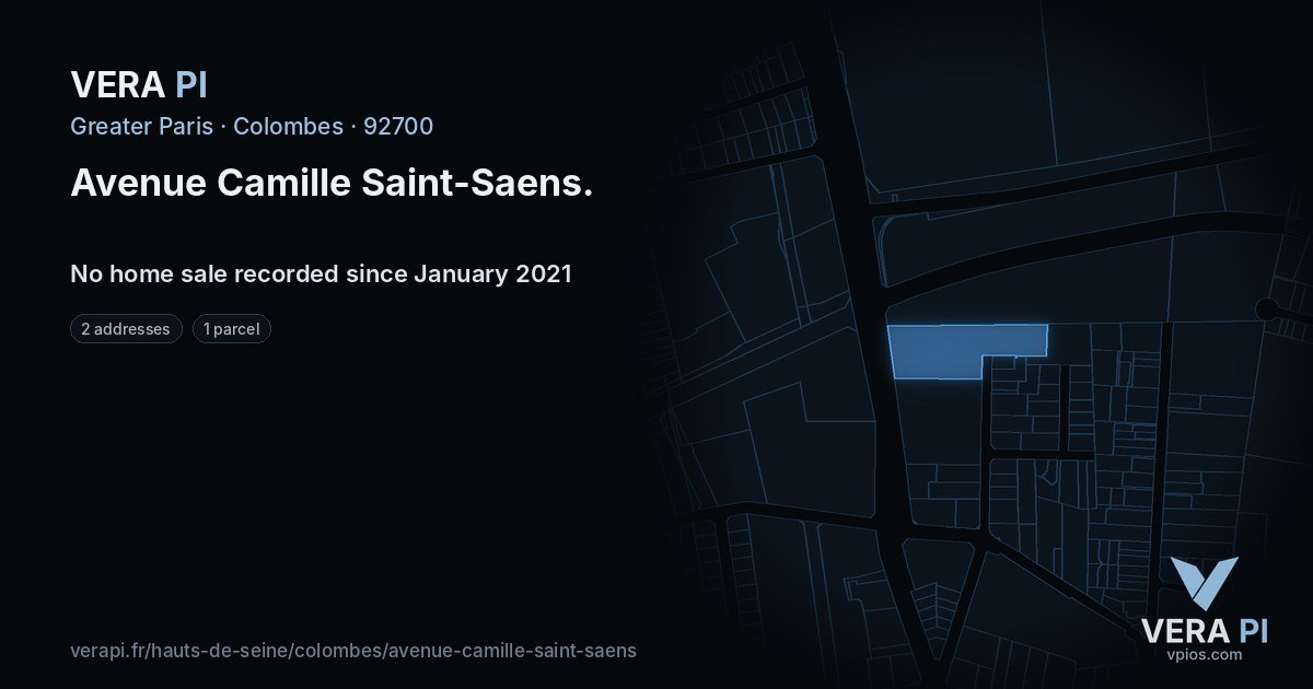 Avenue Camille Saint-Saens, Colombes at night – every parcel coloured by the prices around it, the street's own parcels lit