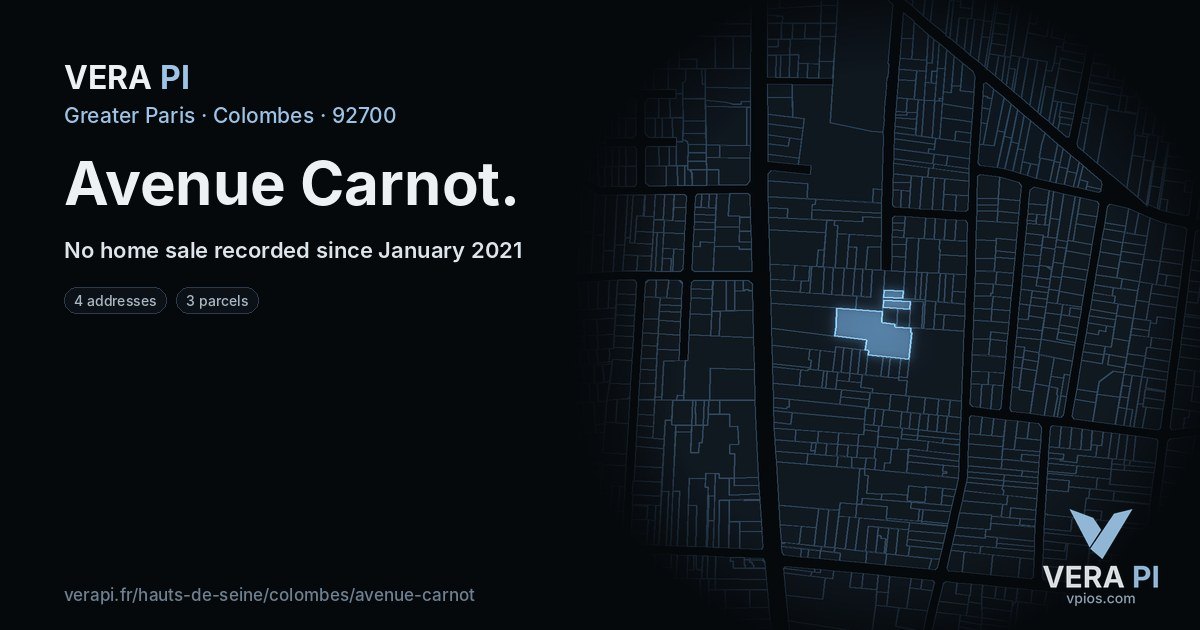 Avenue Carnot, Colombes at night – every parcel coloured by the prices around it, the street's own parcels lit