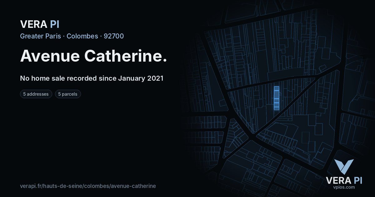 Avenue Catherine, Colombes at night – every parcel coloured by the prices around it, the street's own parcels lit