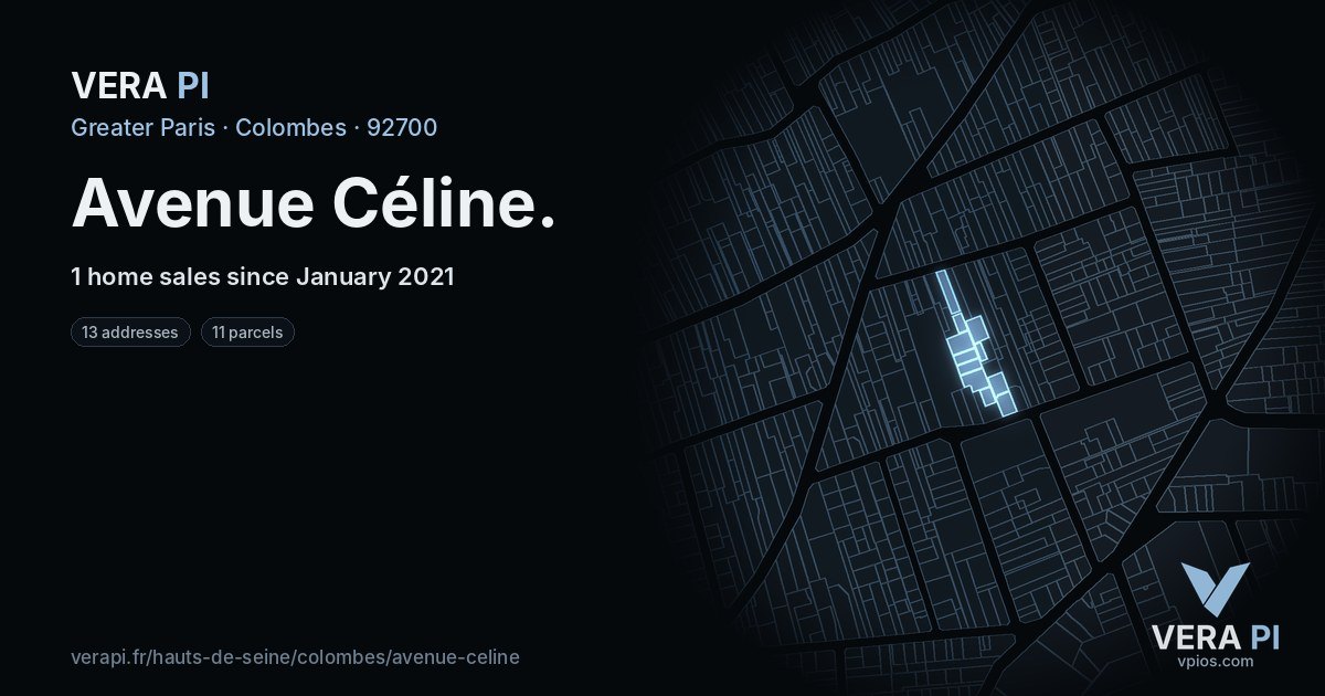 Avenue Céline, Colombes at night – every parcel coloured by the prices around it, the street's own parcels lit