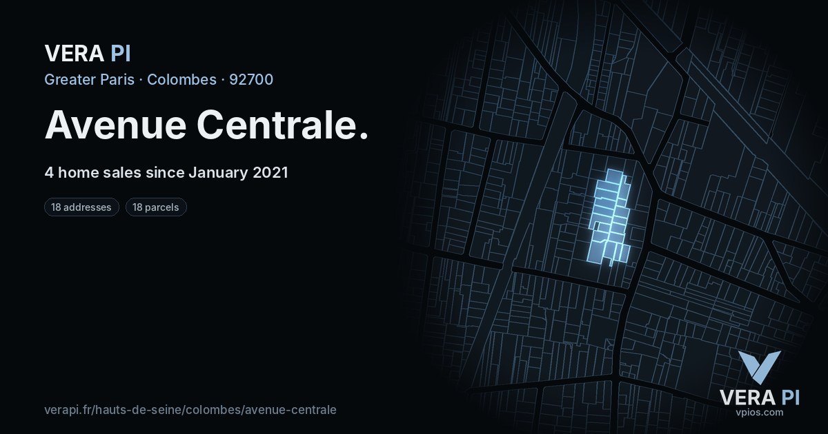 Avenue Centrale, Colombes at night – every parcel coloured by the prices around it, the street's own parcels lit