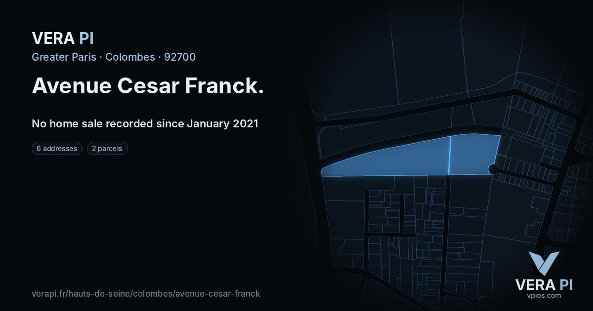 Avenue Cesar Franck, Colombes at night – every parcel coloured by the prices around it, the street's own parcels lit