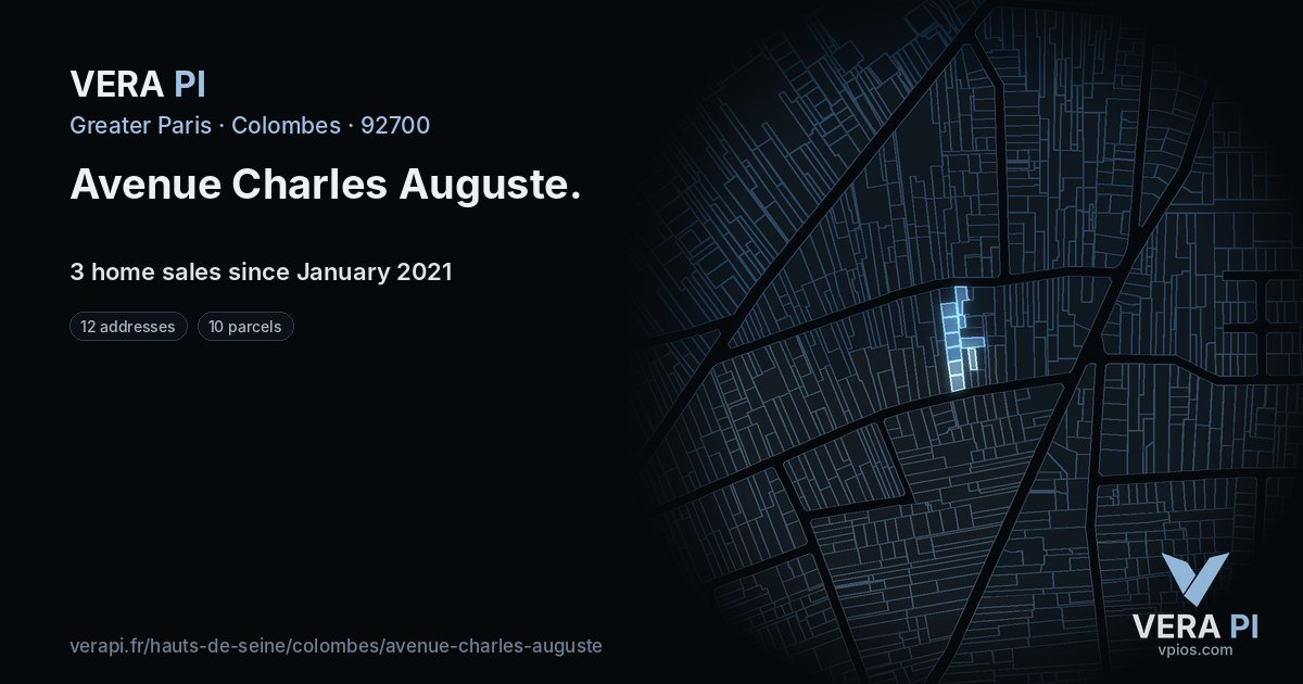 Avenue Charles Auguste, Colombes at night – every parcel coloured by the prices around it, the street's own parcels lit