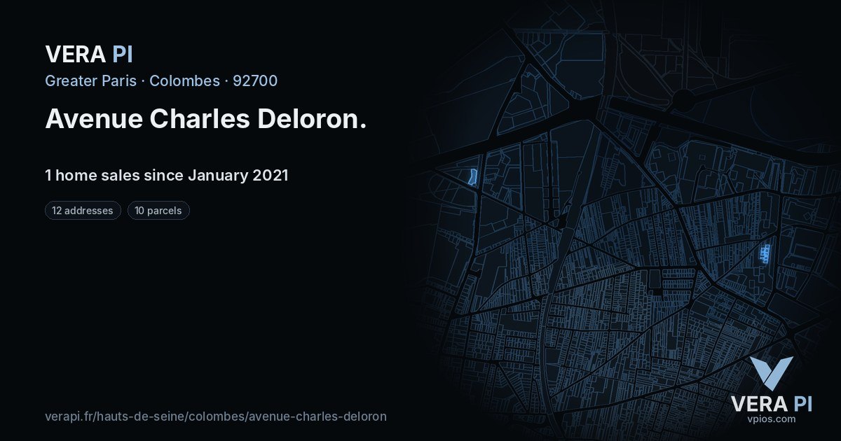 Avenue Charles Deloron, Colombes at night – every parcel coloured by the prices around it, the street's own parcels lit