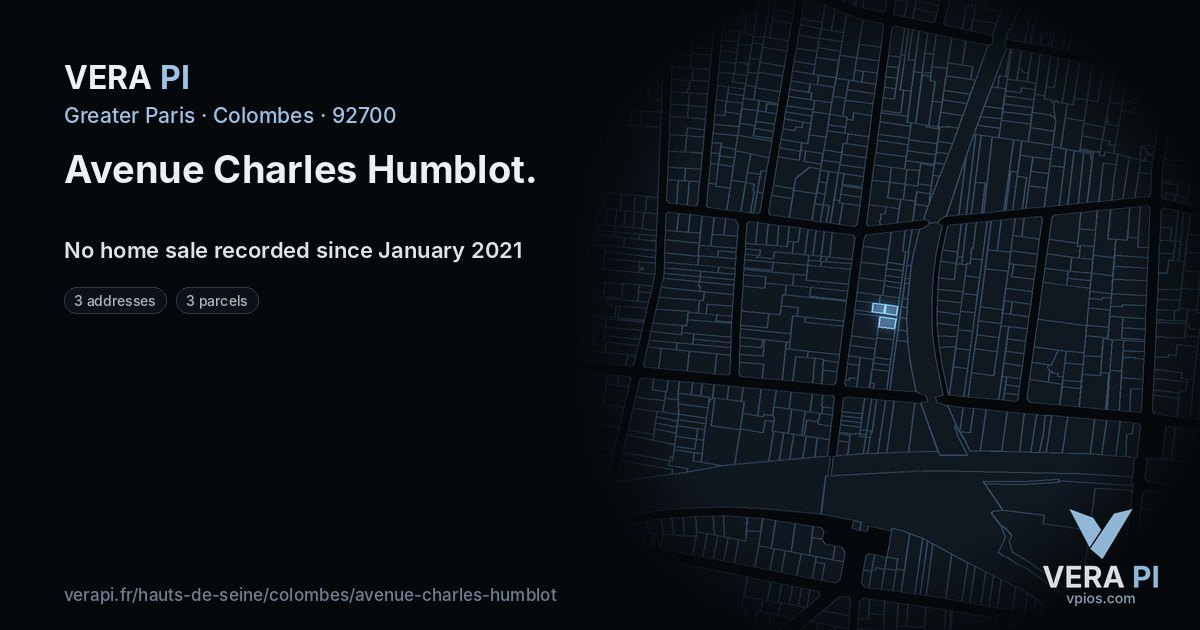 Avenue Charles Humblot, Colombes at night – every parcel coloured by the prices around it, the street's own parcels lit