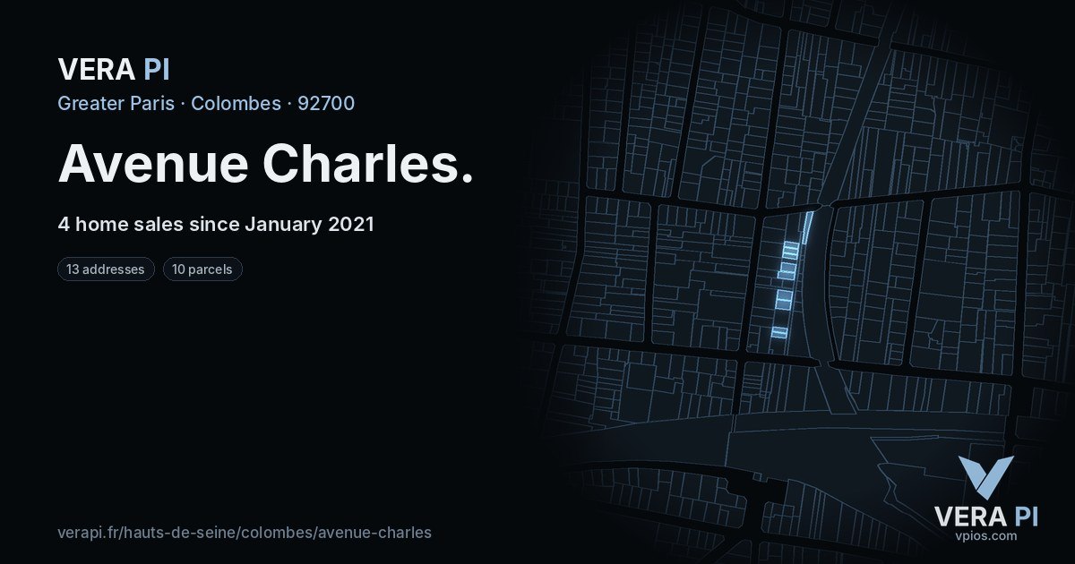 Avenue Charles, Colombes at night – every parcel coloured by the prices around it, the street's own parcels lit