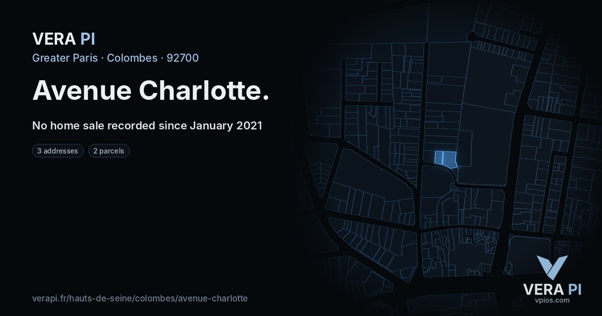 Avenue Charlotte, Colombes at night – every parcel coloured by the prices around it, the street's own parcels lit