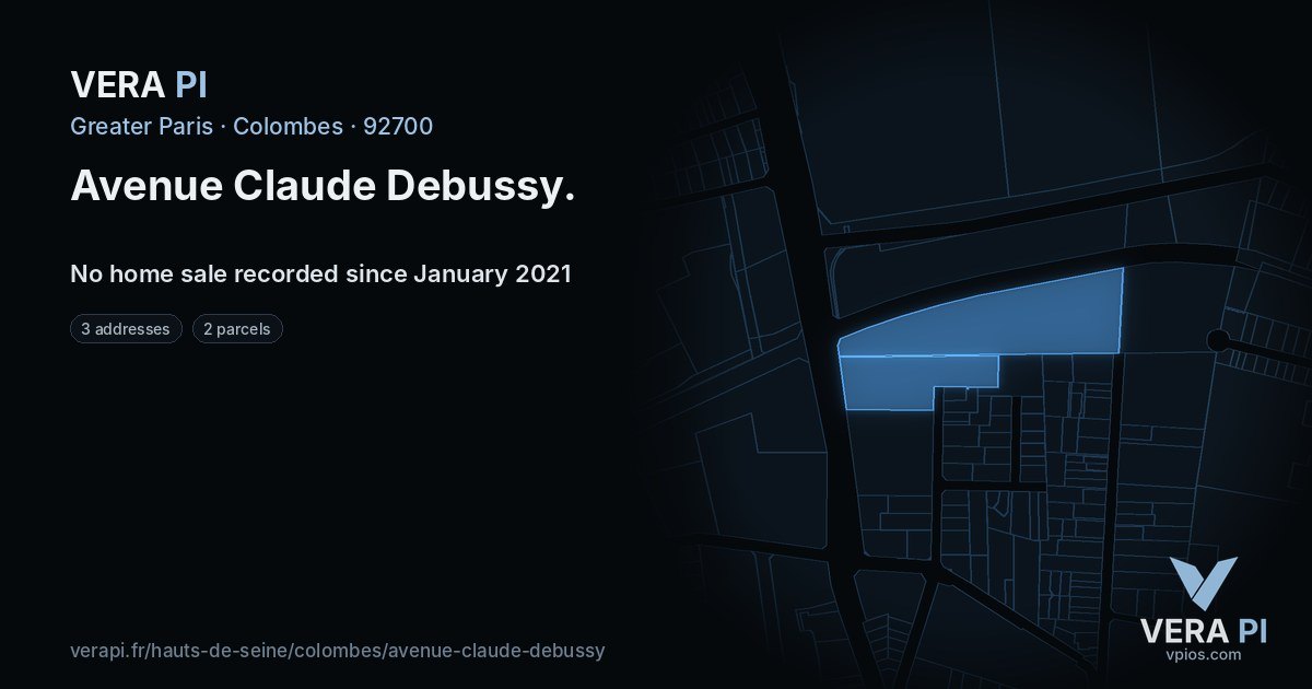 Avenue Claude Debussy, Colombes at night – every parcel coloured by the prices around it, the street's own parcels lit