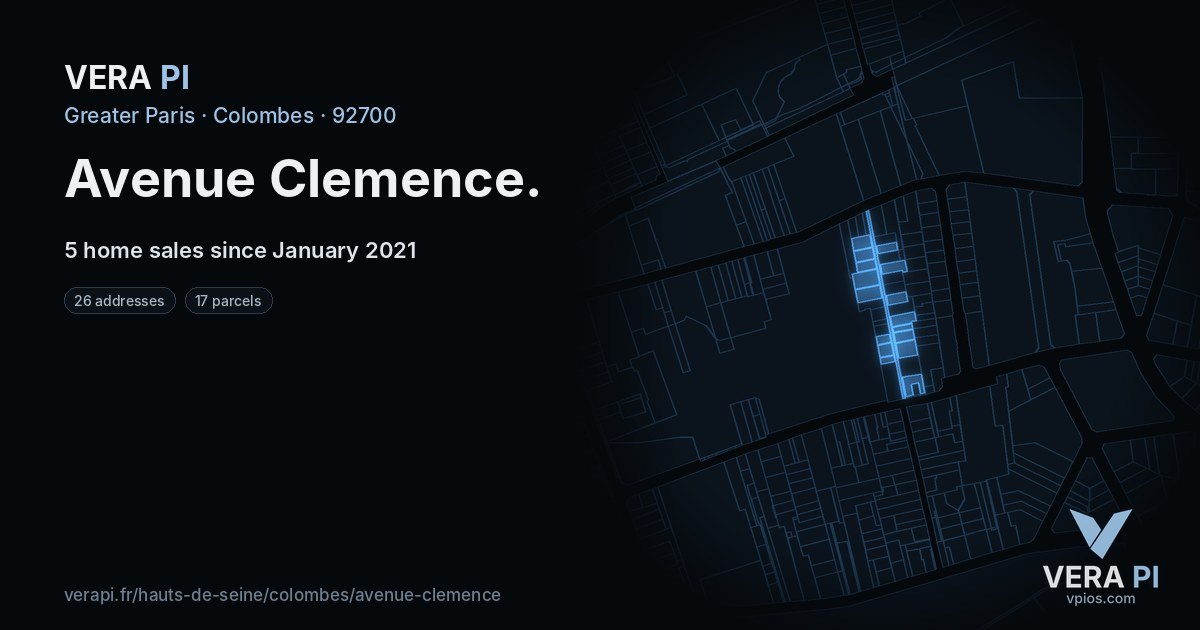 Avenue Clemence, Colombes at night – every parcel coloured by the prices around it, the street's own parcels lit
