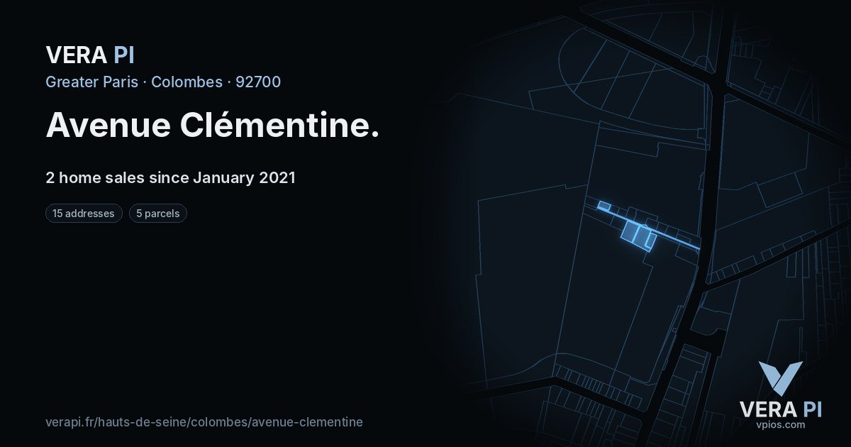 Avenue Clémentine, Colombes at night – every parcel coloured by the prices around it, the street's own parcels lit