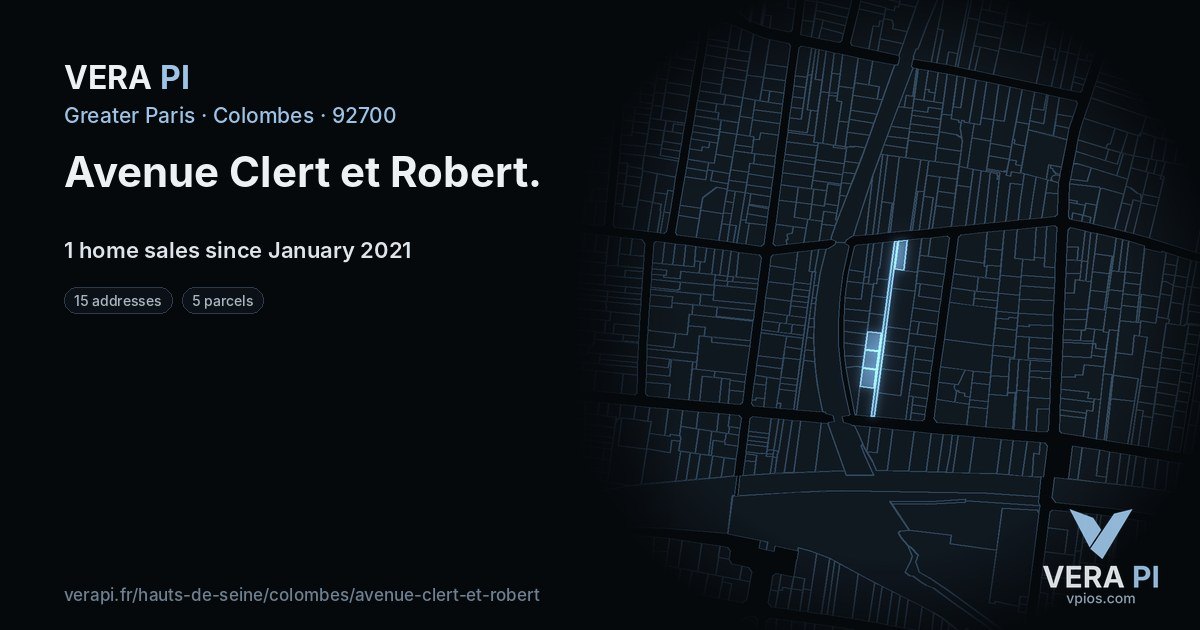 Avenue Clert et Robert, Colombes at night – every parcel coloured by the prices around it, the street's own parcels lit
