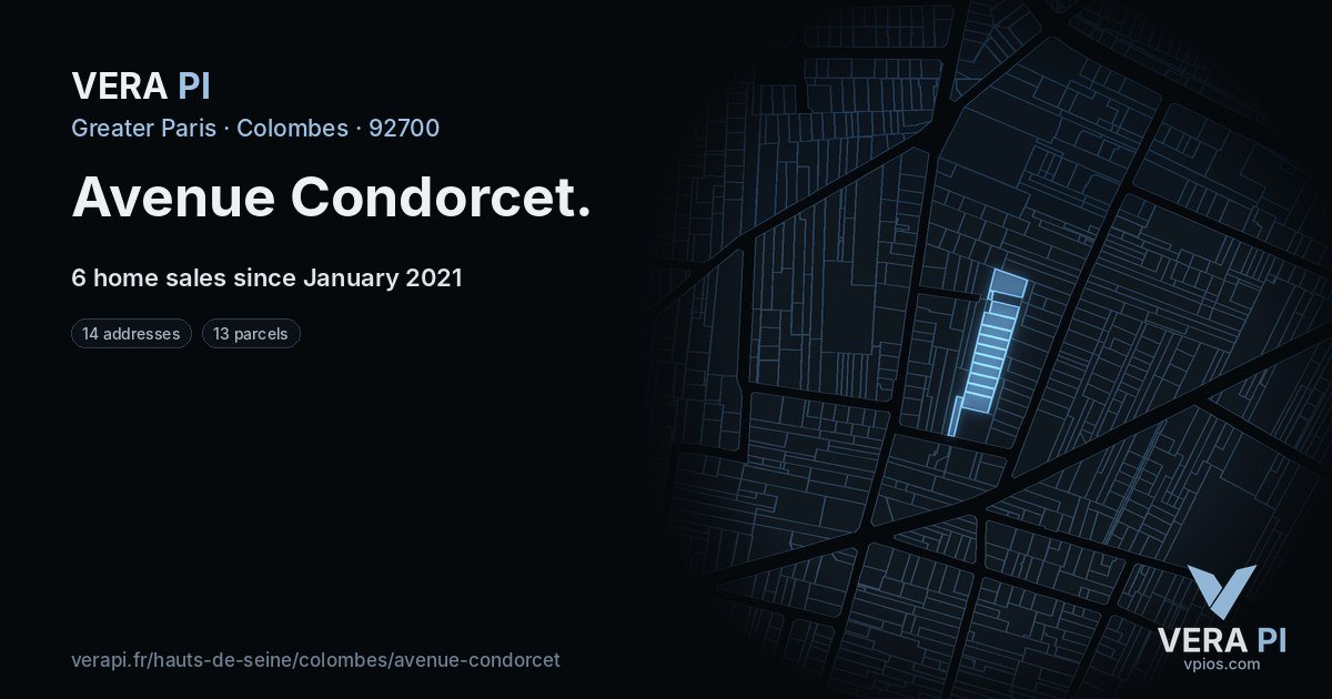 Avenue Condorcet, Colombes at night – every parcel coloured by the prices around it, the street's own parcels lit