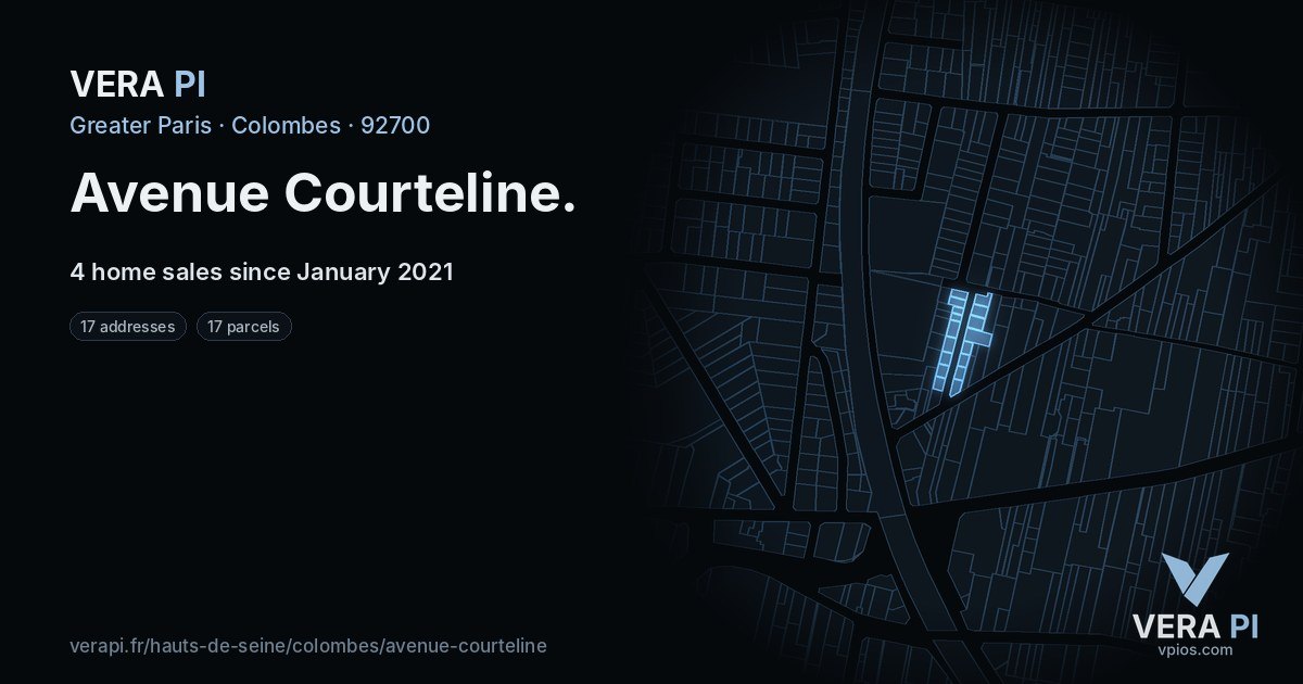 Avenue Courteline, Colombes at night – every parcel coloured by the prices around it, the street's own parcels lit