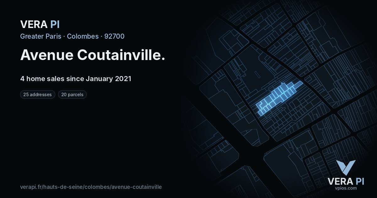 Avenue Coutainville, Colombes at night – every parcel coloured by the prices around it, the street's own parcels lit