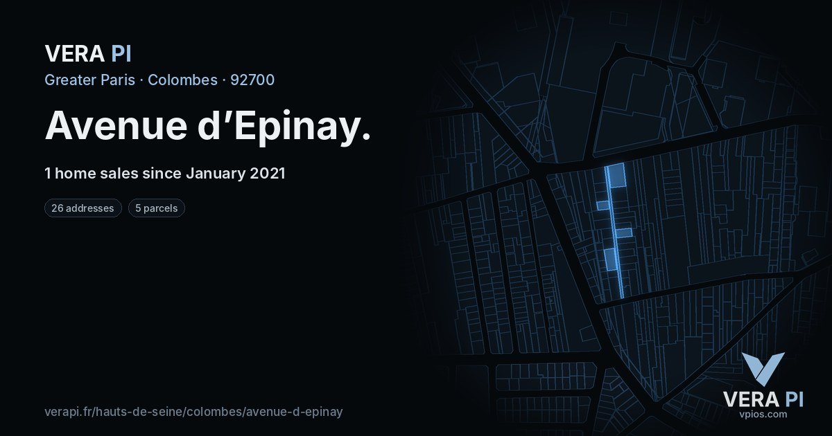 Avenue d’Epinay, Colombes at night – every parcel coloured by the prices around it, the street's own parcels lit