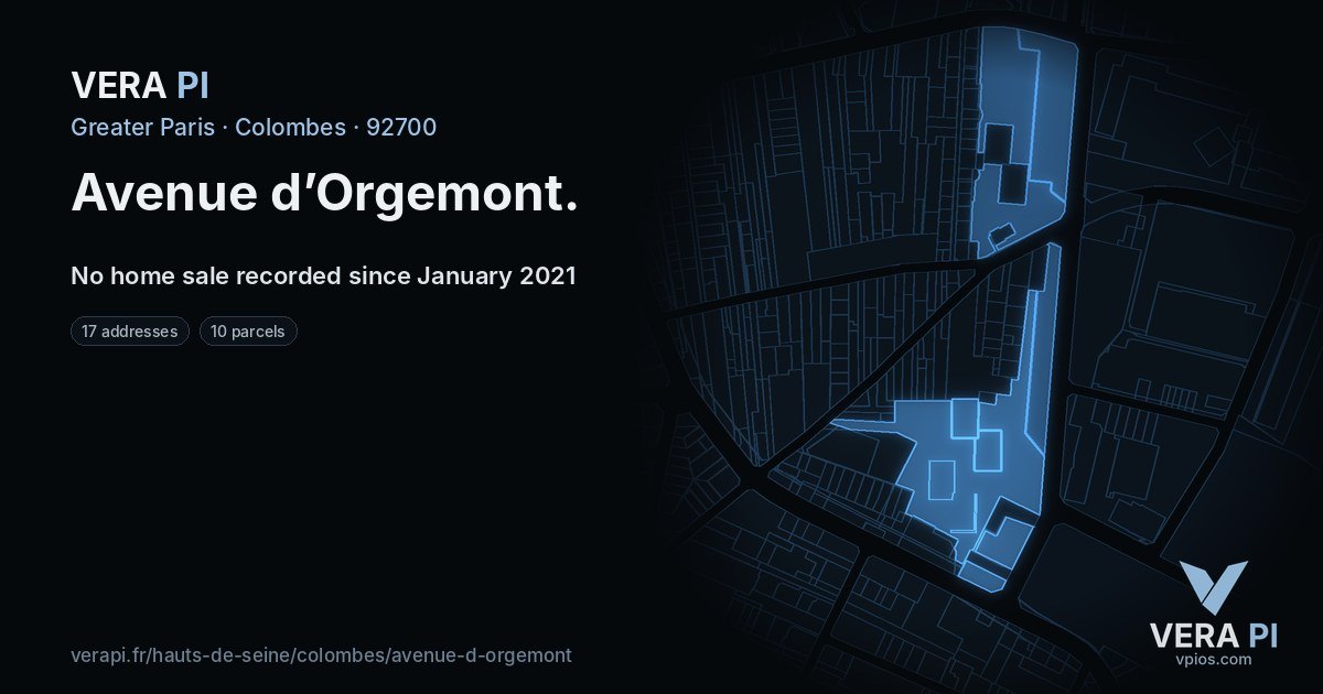 Avenue d’Orgemont, Colombes at night – every parcel coloured by the prices around it, the street's own parcels lit