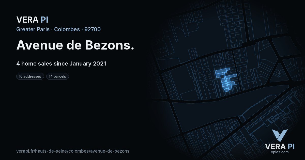 Avenue de Bezons, Colombes at night – every parcel coloured by the prices around it, the street's own parcels lit