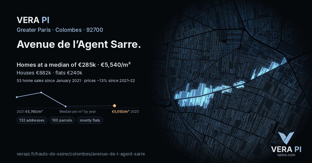Avenue de l’Agent Sarre, Colombes at night – every parcel coloured by the prices around it, the street's own parcels lit