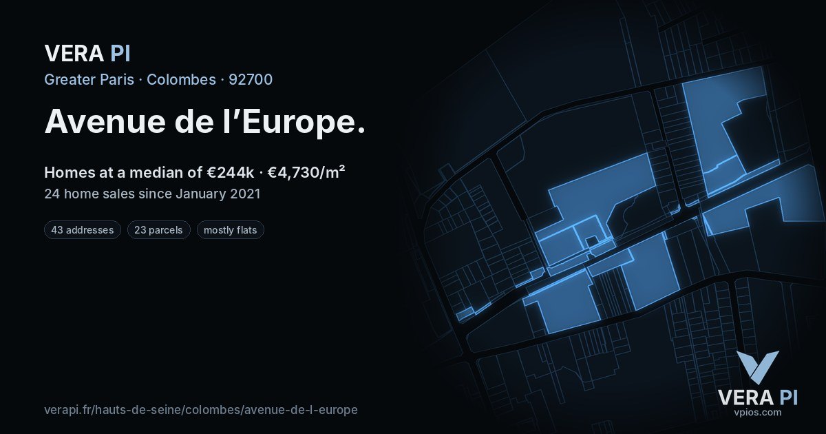 Avenue de l’Europe, Colombes at night – every parcel coloured by the prices around it, the street's own parcels lit