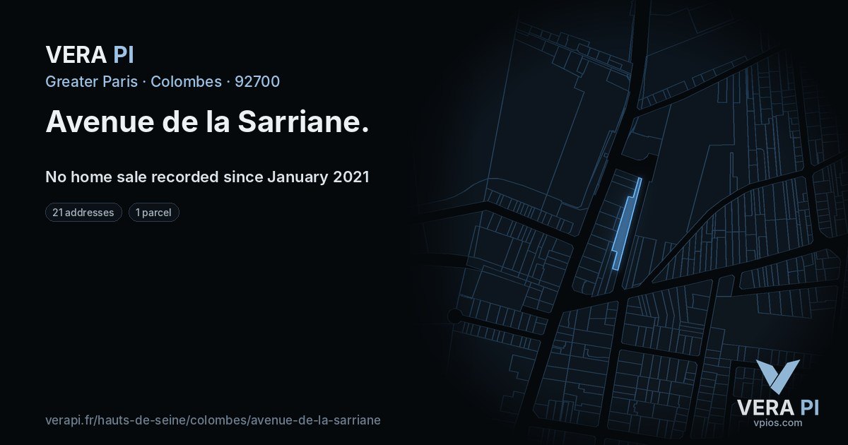 Avenue de la Sarriane, Colombes at night – every parcel coloured by the prices around it, the street's own parcels lit