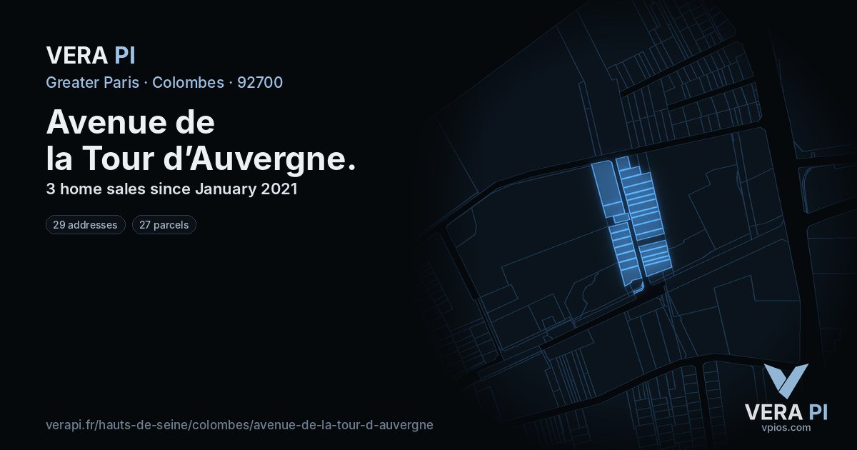 Avenue de la Tour d’Auvergne, Colombes at night – every parcel coloured by the prices around it, the street's own parcels lit