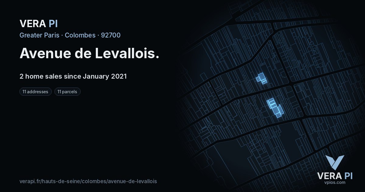 Avenue de Levallois, Colombes at night – every parcel coloured by the prices around it, the street's own parcels lit