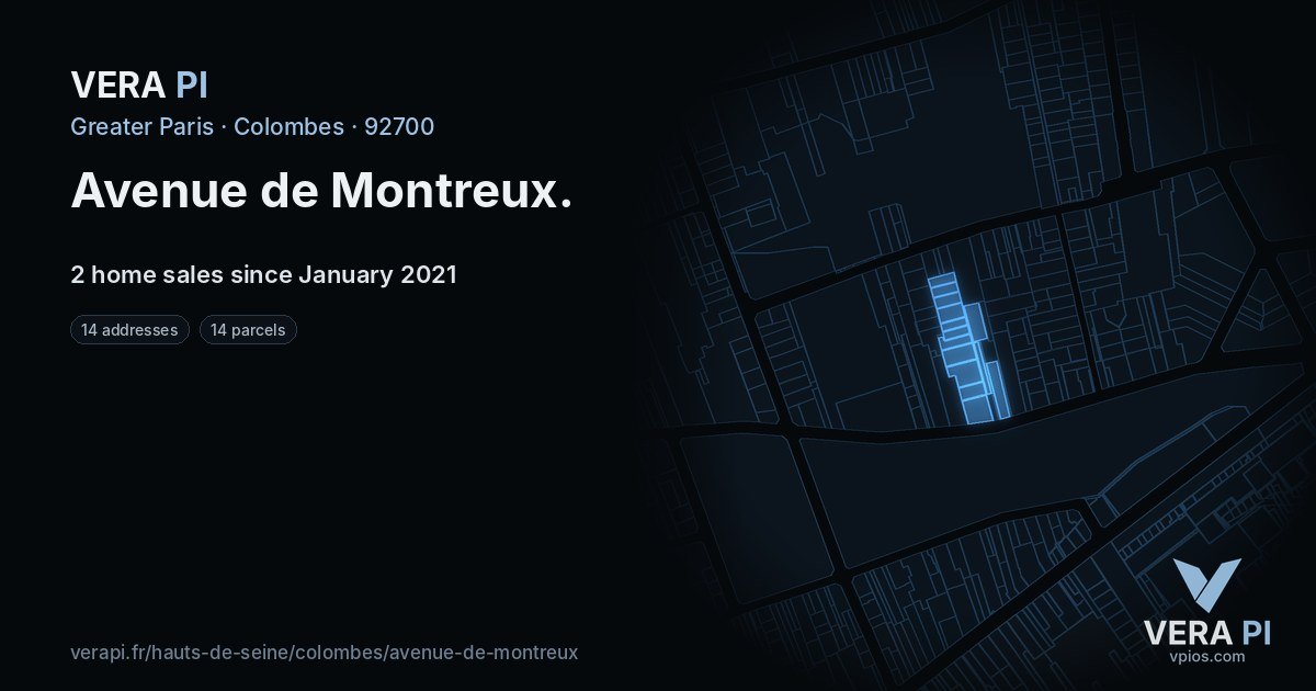 Avenue de Montreux, Colombes at night – every parcel coloured by the prices around it, the street's own parcels lit