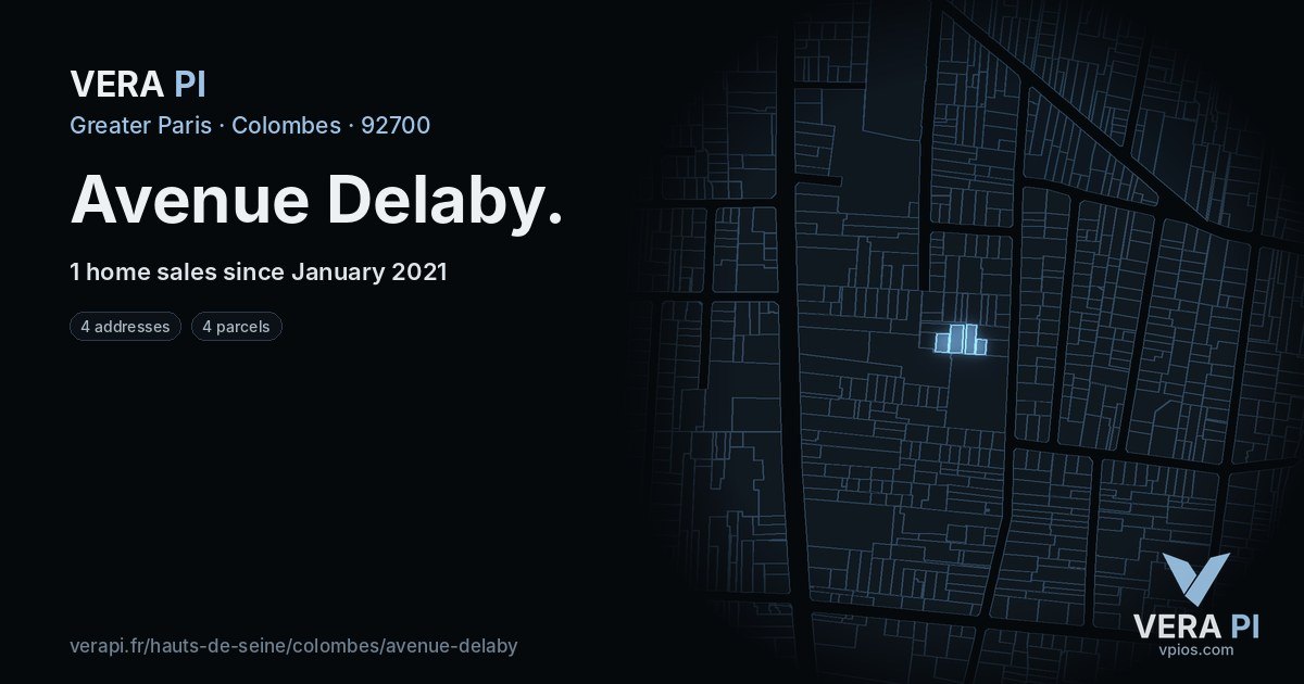 Avenue Delaby, Colombes at night – every parcel coloured by the prices around it, the street's own parcels lit