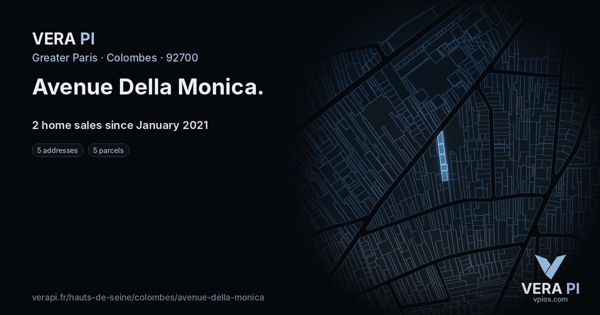 Avenue Della Monica, Colombes at night – every parcel coloured by the prices around it, the street's own parcels lit