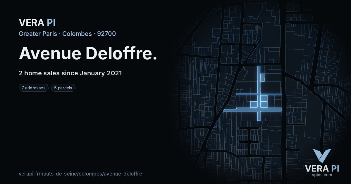 Avenue Deloffre, Colombes at night – every parcel coloured by the prices around it, the street's own parcels lit