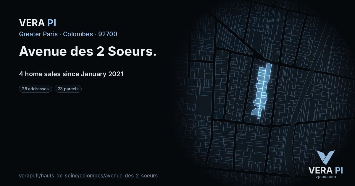Avenue des 2 Soeurs, Colombes at night – every parcel coloured by the prices around it, the street's own parcels lit